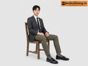 Mẫu nam mặc quần tây công sở màu xám phối giày tây da nam lười không dây loafer hh66s54 màu đen