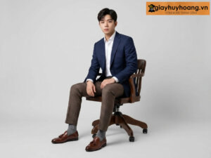 Mẫu nam mặc quần tây công sở màu xám nâu phối giày tây da nam lười không dây loafer m10 màu nâu