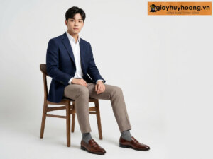 Mẫu nam mặc quần tây công sở màu xám phối giày tây da nam lười nam loafer màu bò patina m9