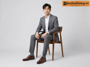Người mẫu nam công sở mặc áo vest xám nhạt phối giày da tây nam oxford m3 nâu