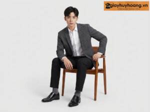 Người mẫu nam công sở mặc áo vest xám đậm phối giày tây oxford nam đen O0223