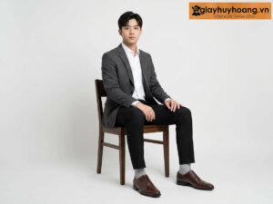 Người mẫu mặc quần tây màu xanh navy phối với giày tây oxford nam cao cấp m1n 005