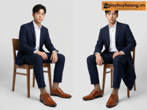 Người mẫu mặc quần tây xanh olive phối với giày tây oxford nam wingtips m4 màu bò 005