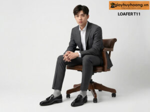 Mẫu nam mặc quần áo màu xám đậm phối với giày lười có chuông tassel loafer t11 giayhuyhoang