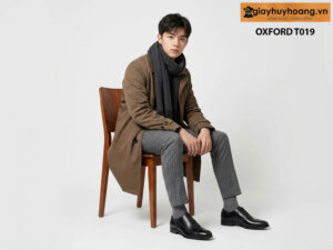 Mẫu nam mặc quần áo màu xám phối với giày tây đen oxford công sở t019 giayhuyhoang