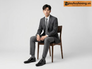 Mẫu nam mặc quần tây công sở màu xám đậm phối giày tây da nam lười không dây loafer M57 đen