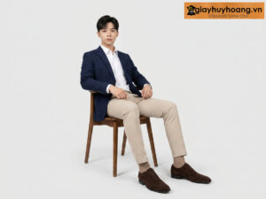 Người mẫu mặc quần tây kem phối với giày tây oxford nam da lộn nâu m20 01