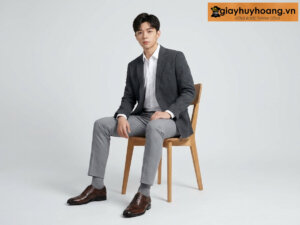 Người mẫu mặc quần tây xám phối với giày tây oxford nam wingtips màu bò 001
