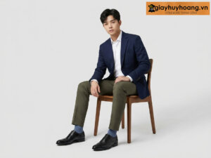 Người mẫu mặc quần tây xanh olive phối với giày tây oxford nam wingtips màu đen 003