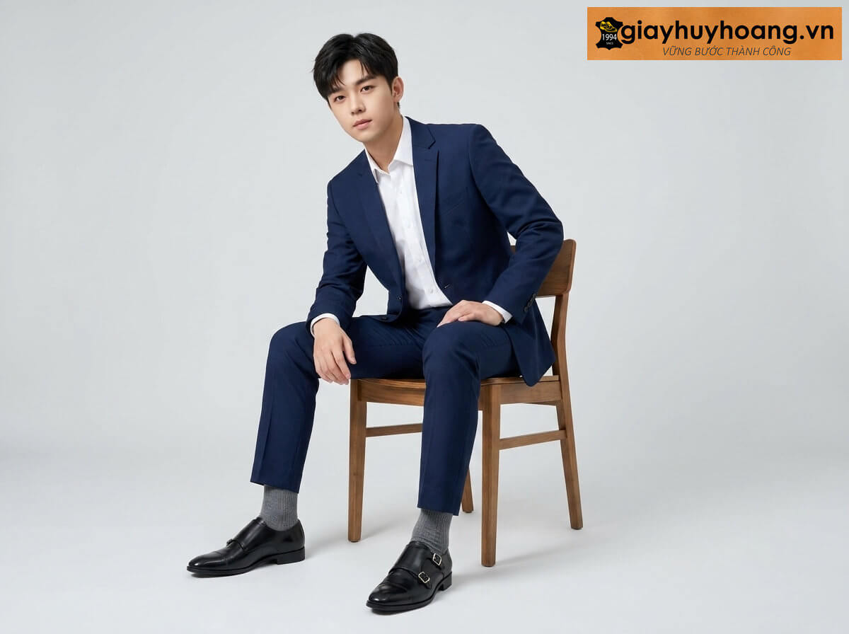 mau-mac-quan-tay-phoi-voi-giay-da-nam-monkstrap-t18-01 Mẫu nam mặc quần tây công sở màu xanh navy phối giày tây da nam da monkstrap T18 màu đen