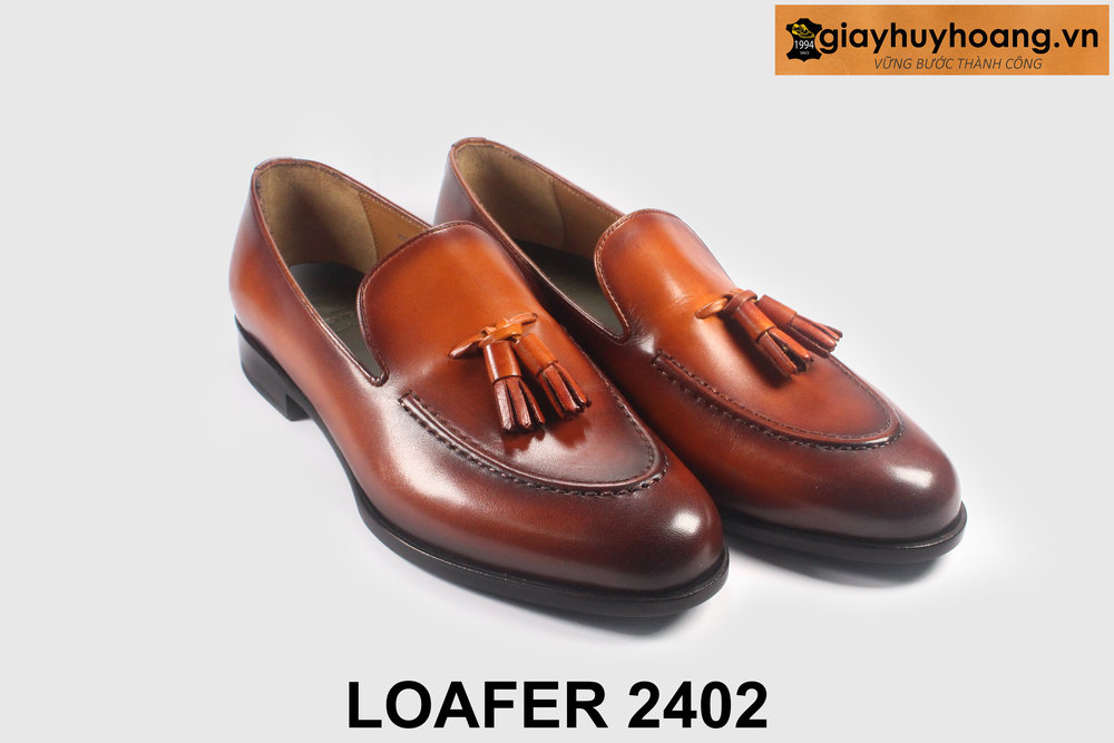 ban-giay-luoi-co-chuong-2402-cong-so-giayhuyhoangvn-8 Giày lười da nam màu bò sáng viền nâu Loafer 2402 004