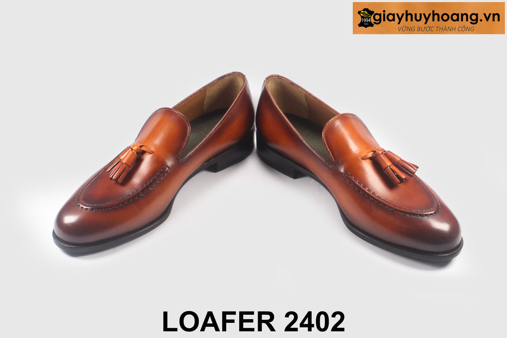 ban-giay-luoi-co-chuong-2402-cong-so-giayhuyhoangvn-9 Giày lười da nam màu bò sáng viền nâu Loafer 2402 003
